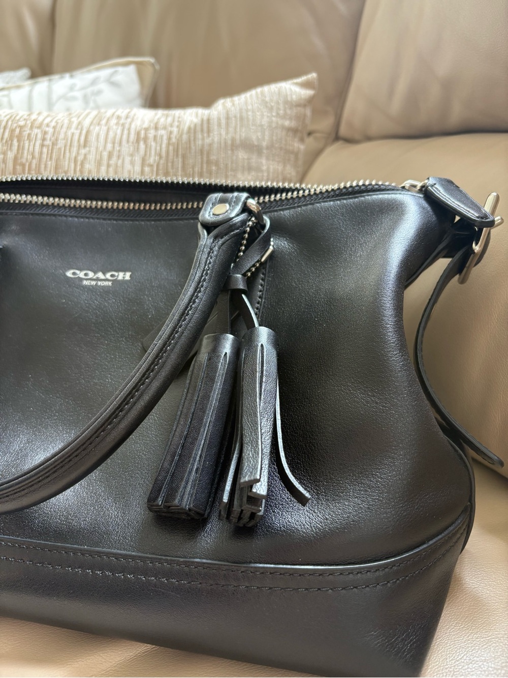 Coach Black Leather Molly East West Satchel Bag with Distinctive Tassel Charm - Picture 4 of 5